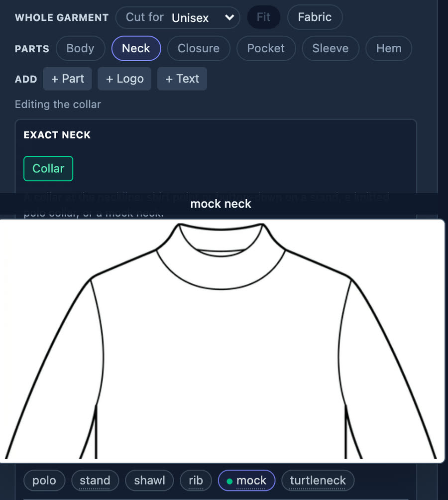 Hovering the mock chip in the collar row shows a drawing of a mock neck